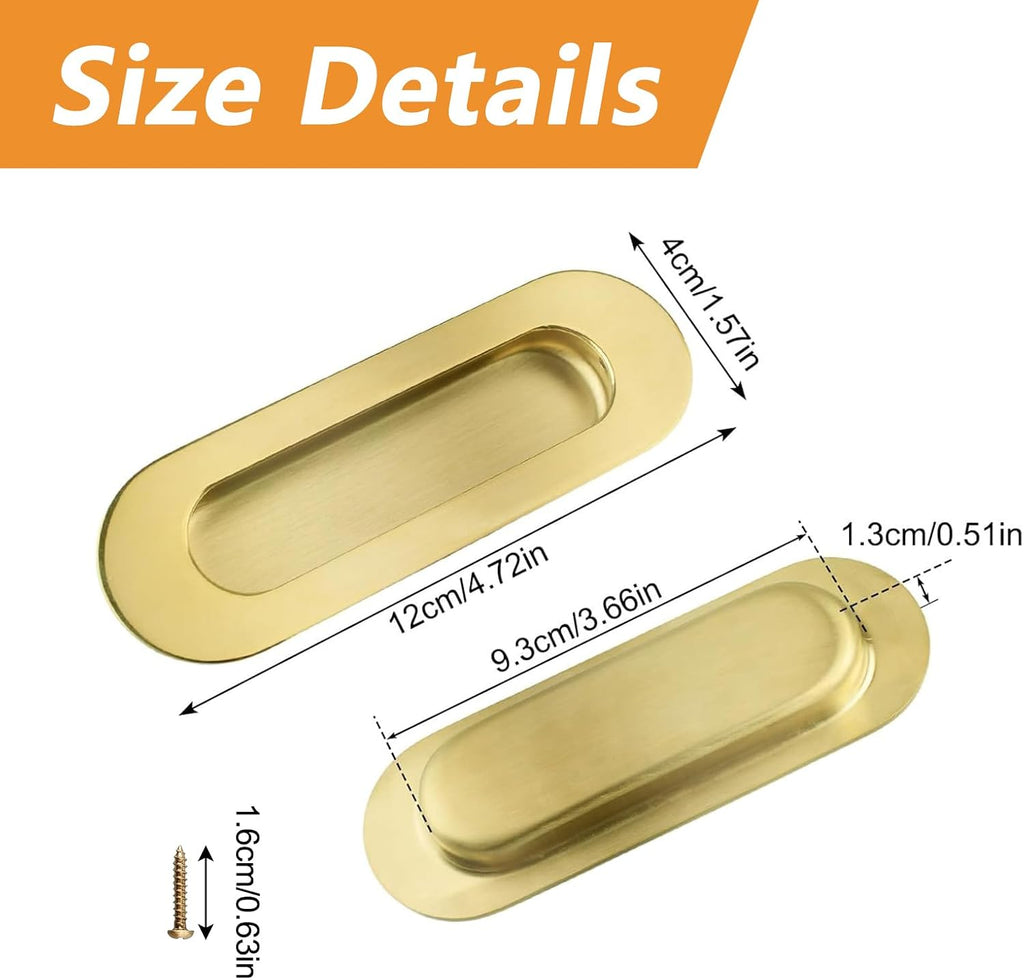 MOROBOR 4Pcs Stainless Steel Side Hole Flush Pull, Oval Bright Gold Embedded Sliding Door Handle Recessed Finger Pulls with Hidden Screws for Pocket Door Drawer Cupboard Wardrobe