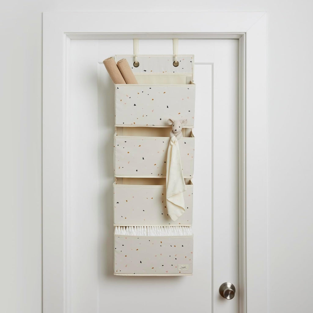 3 Sprouts Over Door Organizer, 4 Pockets, Hooks Included, Terrazzo Cream