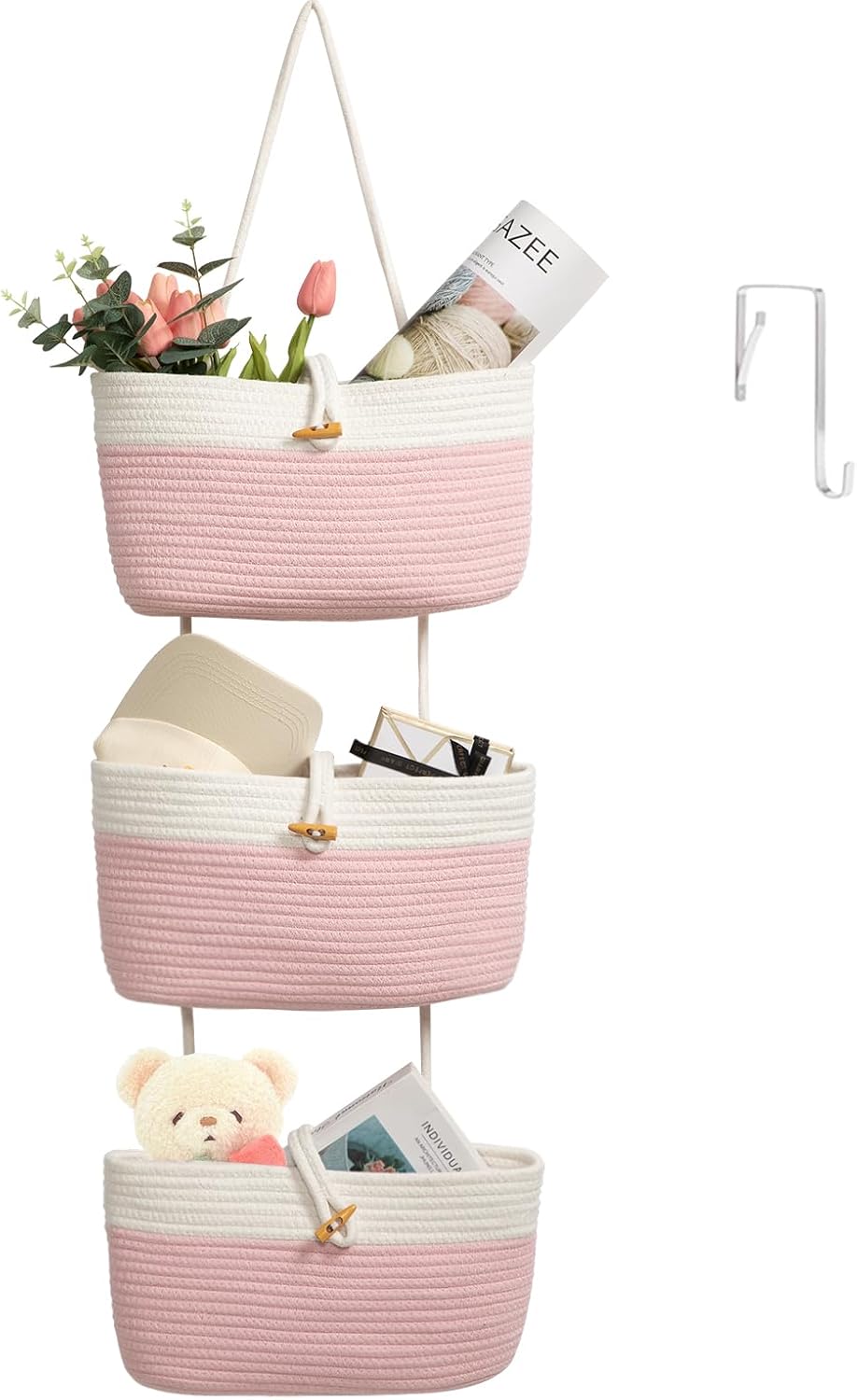Over The Door Hanging Baskets with Button Strap, 3-Tier Woven Cotton Storage Organizer Bag, Wall-Mounted with Hook Decorative Hanging Nursery Baskets - Pink+White
