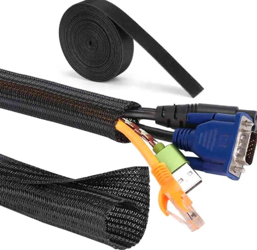 Cable Management Kit – 4 Pack 3FT Cord Sleeves + 3 Roll Reusable Cable Ties, Wire Organizer Wrap for TV, Desk, Computer, Home & Office, Black