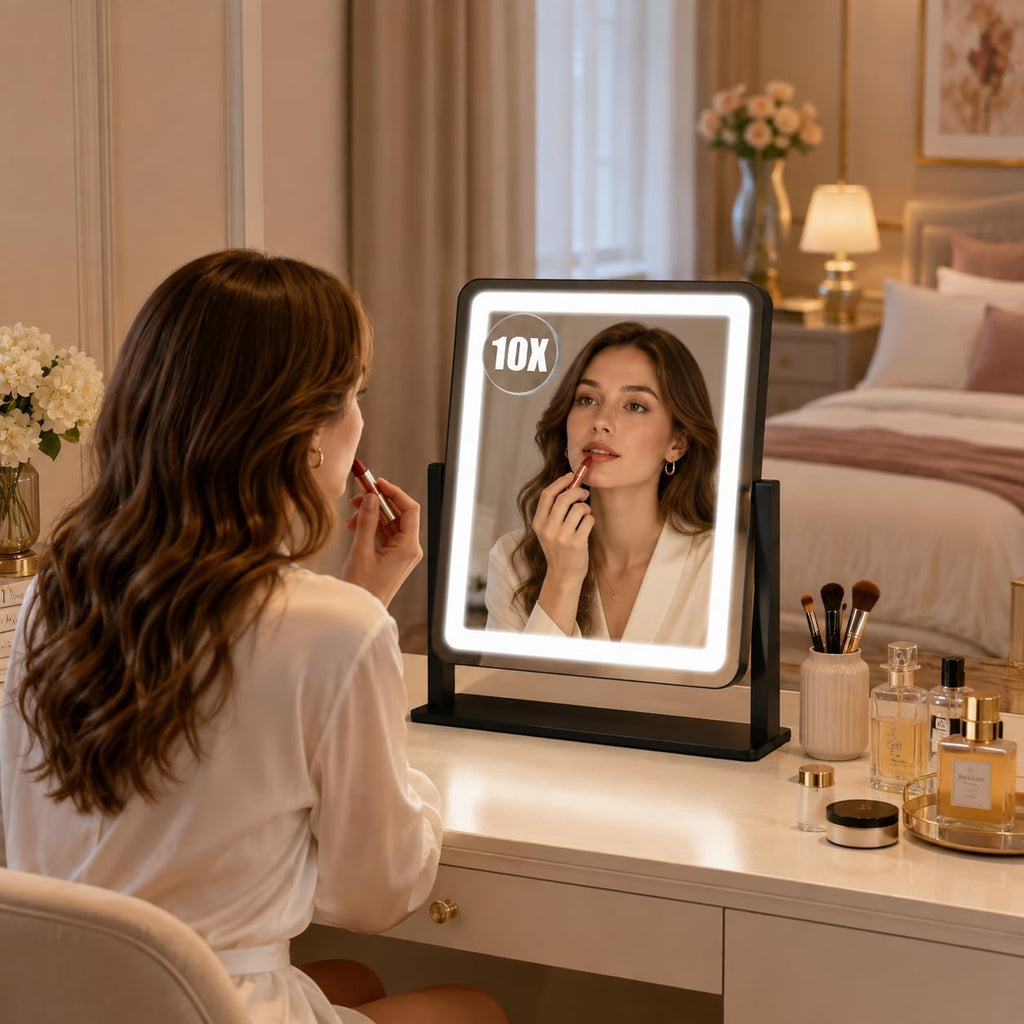 Vanity Mirror with Lights, 12.2" x 15" Large LED Makeup Mirror with Light, HD Mirror, Smart Touch with 3-Color Lighting, Dimmable, 360° Rotation, Lighted Up for Vanity Desk Tabletop, Bedroom (Black)