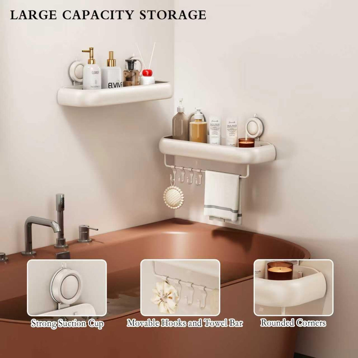 Shower Caddy Suction Cup, 2 Pack No Drilling Corner Shower Shelves, Rust Proof Bathroom Storage Organizer, Shower Corner Caddy with Removable Hooks and Towel Bar, Square, Cream