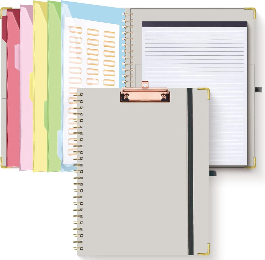 HAUTOCO Clipboard Folio with Refillable Notepad for Letter Size (11" x 8.5"), 5 Dividers with 10 Pockets, Elastic Pen Holder and File Folder Labels, Spiral Nurse Clipboard Artboard(Pink Marble)