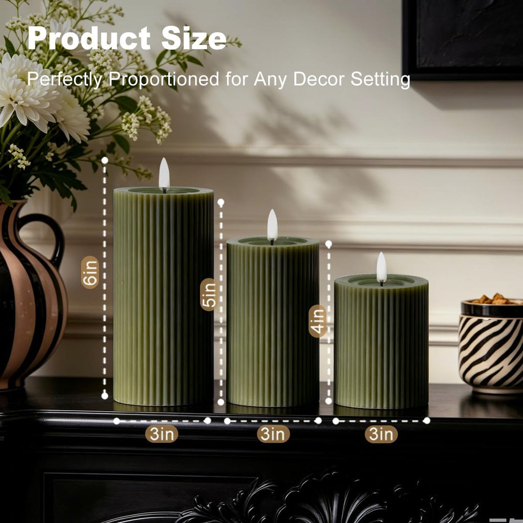 LEDHOLYT Rechargeable Ribbed Fluted Real Wax LED Flameless Candles with Remote and Timer, Flickering Fake Flame Candles for Festival Wedding Home Party Decor(Olive Green)