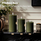 LEDHOLYT Rechargeable Ribbed Fluted Real Wax LED Flameless Candles with Remote and Timer, Flickering Fake Flame Candles for Festival Wedding Home Party Decor(Olive Green)