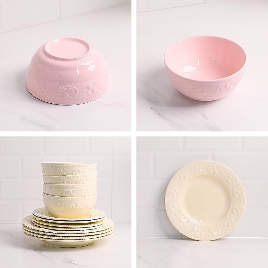 Sweejar Porcelain Dinnerware Se, Flower Plates and Bowls Set of 4
