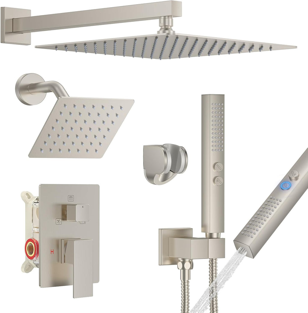 Rain Shower System 12"&6" Shower Heads Wall Mount Shower Faucet Set