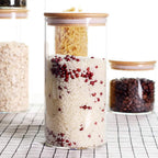LEAVES AND TREES Y Stackable Kitchen Canisters Set, Pack of 5 Clear Glass Food Storage Jars Containers with Airtight Bamboo Lid for Candy, Cookie, Rice, Sugar, Flour, Pasta, Nuts