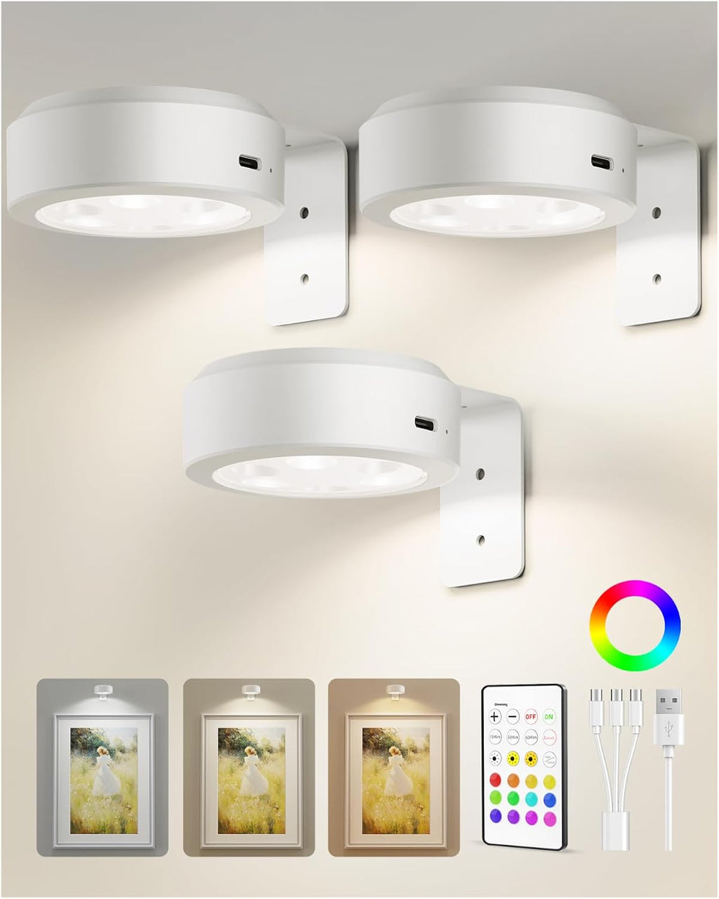 EZVALO Picture Lights for Wall, 2000mAh Rechargeable Battery Magnetic Poster Lights with 3 Color Temps & 12 RGB, Remote Dimmable Timer Painting Light, Wall Decor Light for Art Display, Frame (3 Pack)