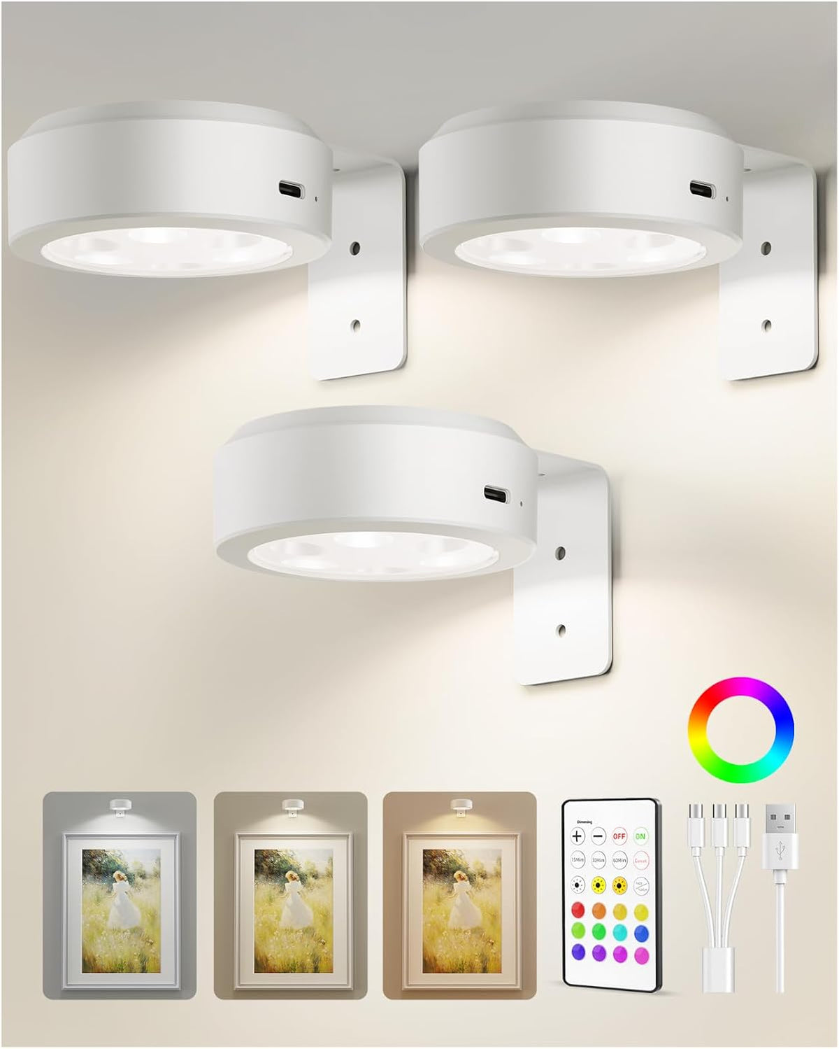 EZVALO Picture Lights for Wall, 2000mAh Rechargeable Battery Magnetic Poster Lights with 3 Color Temps & 12 RGB, Remote Dimmable Timer Painting Light, Wall Decor Light for Art Display, Frame (3 Pack)