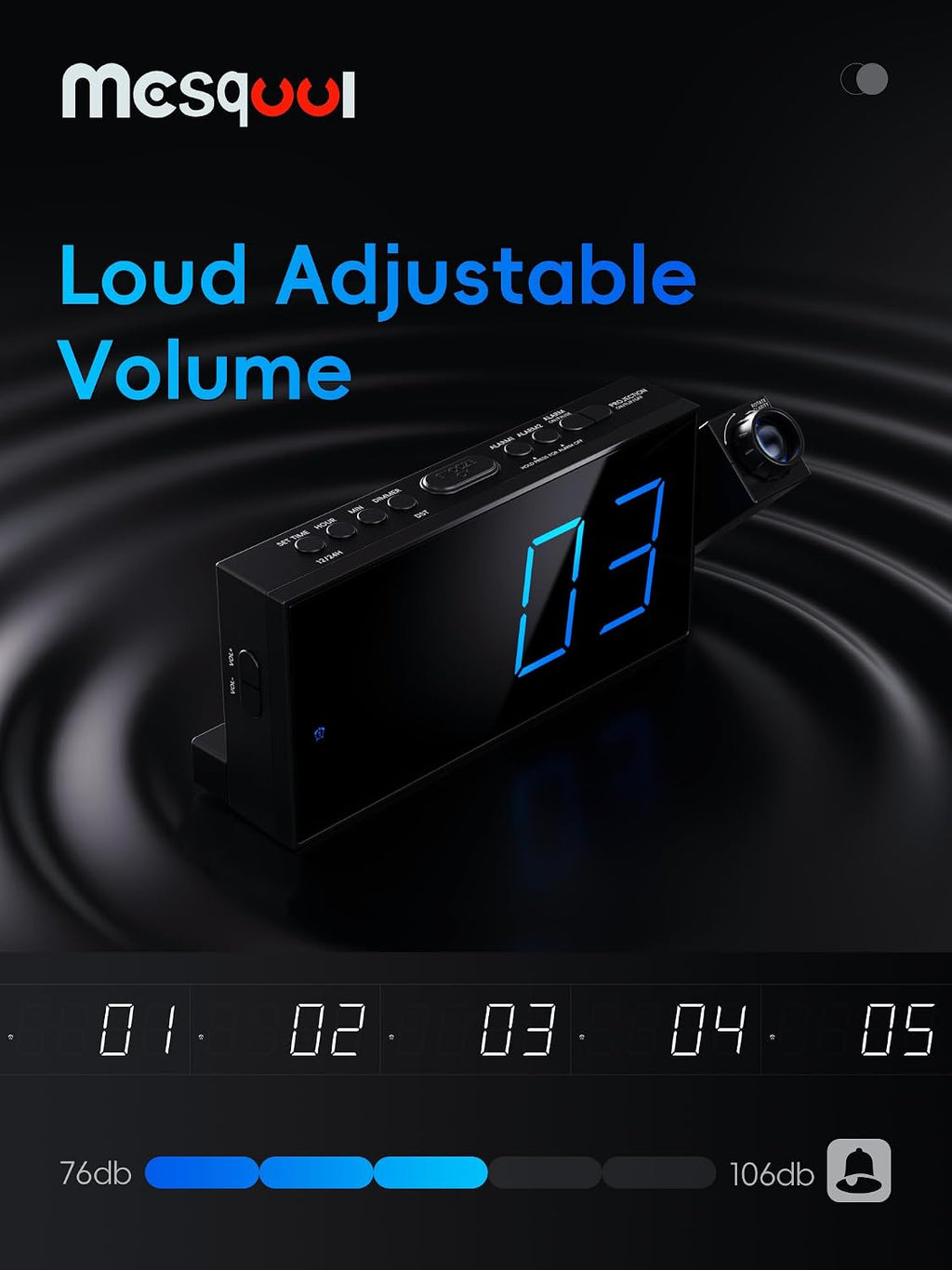 Mesqool Digital Projection Alarm Clock with Dual Alarms, 5 Levels Dimmer
