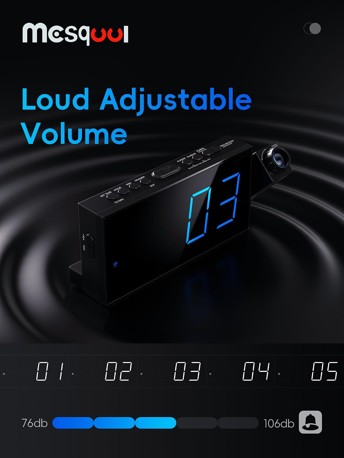 Mesqool Digital Projection Alarm Clock with Dual Alarms, 5 Levels Dimmer