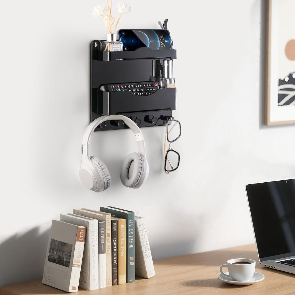 Bedside Wall Shelf with Glasses Hooks ，Adhesive Bedside Organizer Wall Mount for Dorm and Room Accessories Phone，Remote，Earphone， Kindle (Black)