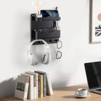Bedside Wall Shelf with Glasses Hooks ，Adhesive Bedside Organizer Wall Mount for Dorm and Room Accessories Phone，Remote，Earphone， Kindle (Black)