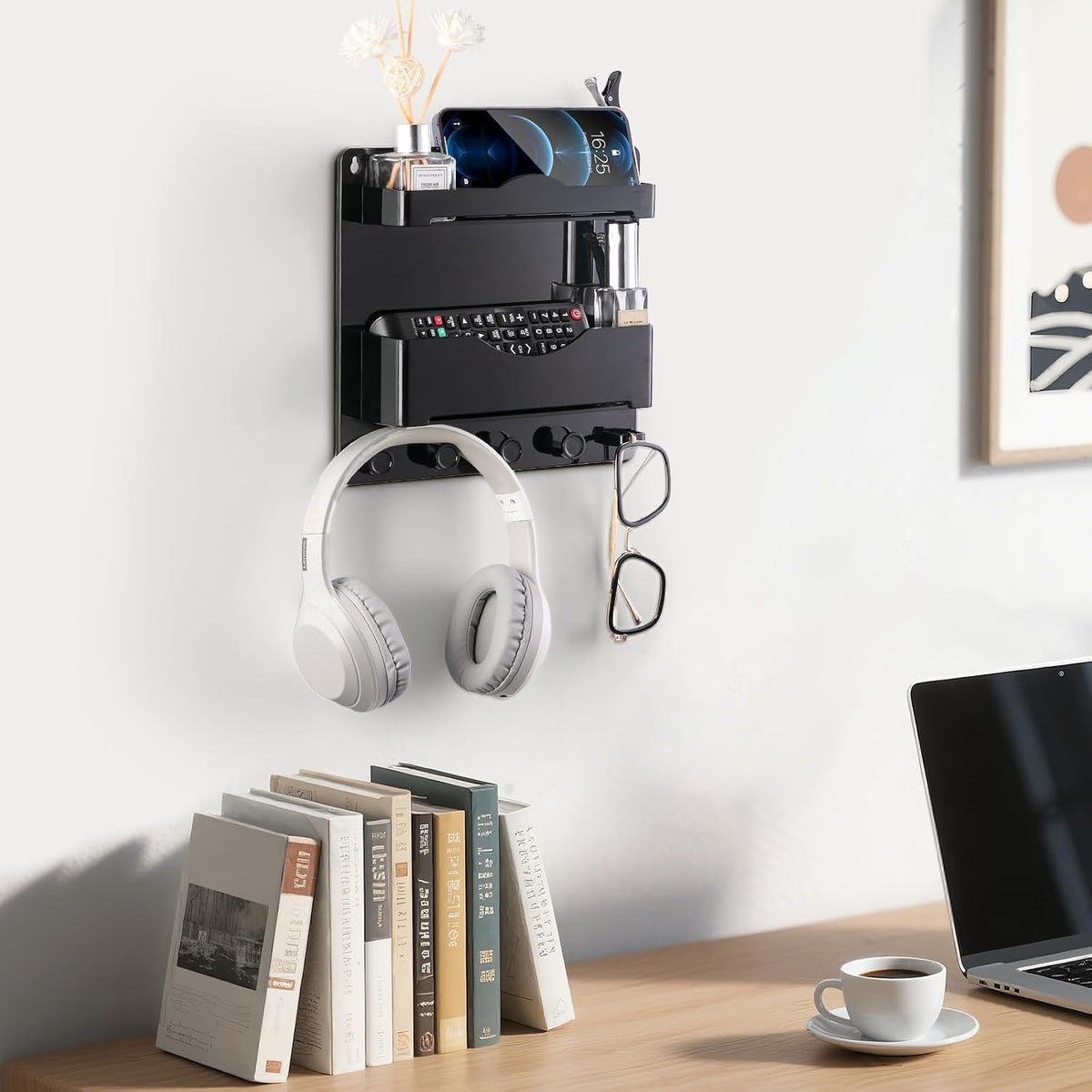 Bedside Wall Shelf with Glasses Hooks ，Adhesive Bedside Organizer Wall Mount for Dorm and Room Accessories Phone，Remote，Earphone， Kindle (Black)
