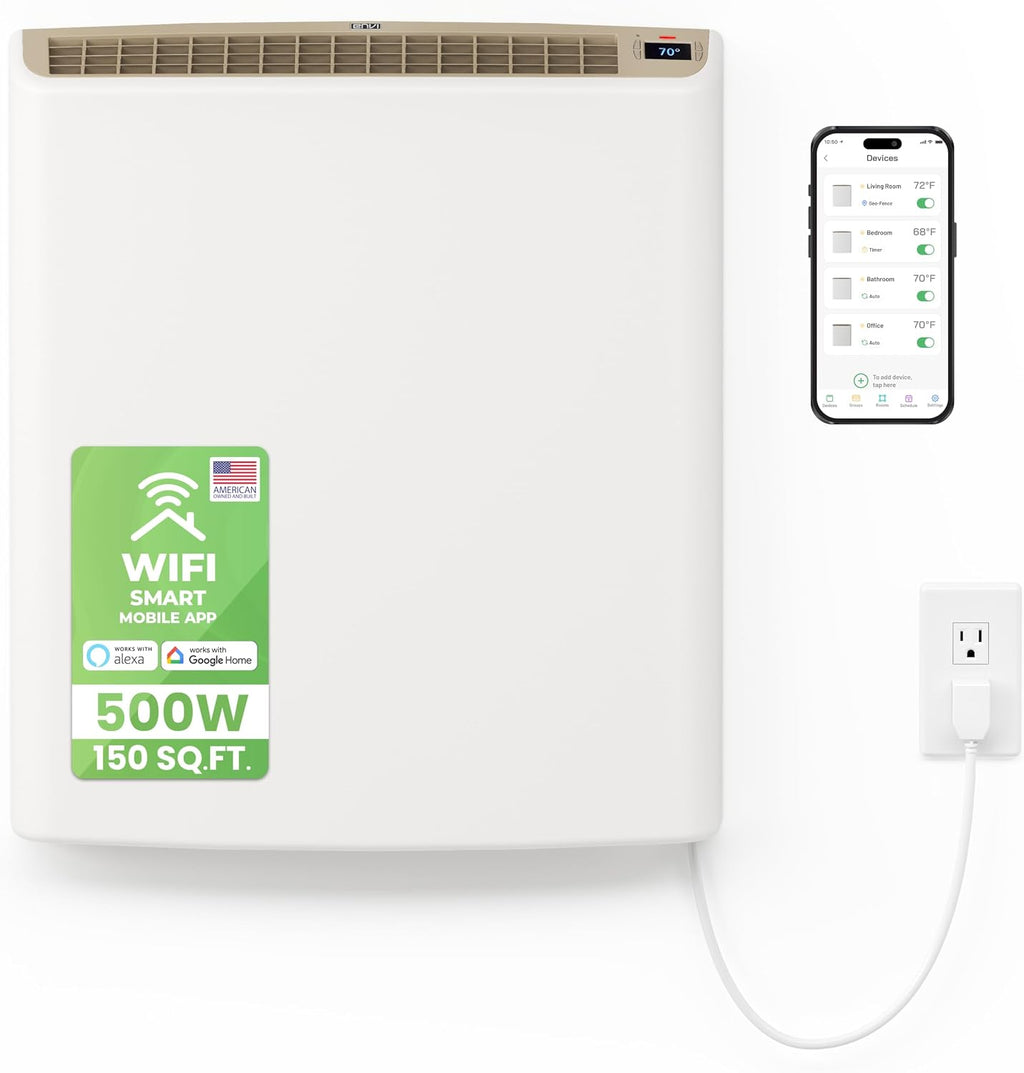 Smart Envi Wi-fi Plug-in Electric Wall Heater - Energy Efficient Smart Heaters for Indoor Use - App Controlled Electric Heater with Thermal Shut Off Switch - Compatible with Alexa & Google Home