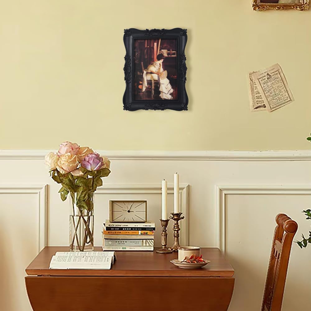 Antique Picture Frames 5x7 Vintage Ornate Gothic Picture Frames Victorian Home Decor Retro Gallery Wall Decor with Front Glass for Wall Mount and Tabletop, Black