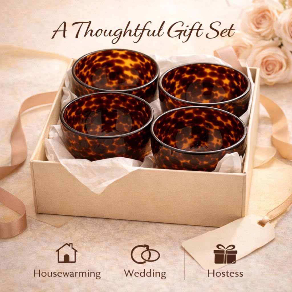 4PCS Tortoise Shell Glass Bowls - 12oz Amber Small Serving Bowl