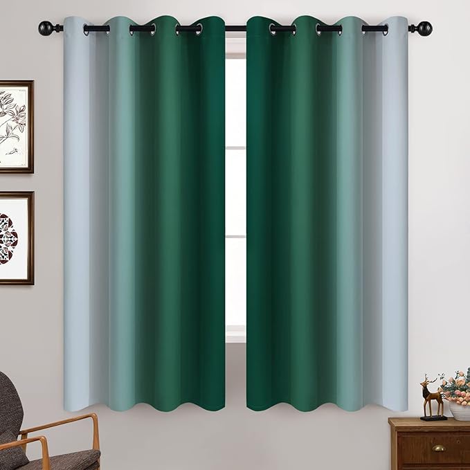Yakamok Dark Green Ombre Curtains 63 Inches Long, Light Blocking Gradient Color - Image 2