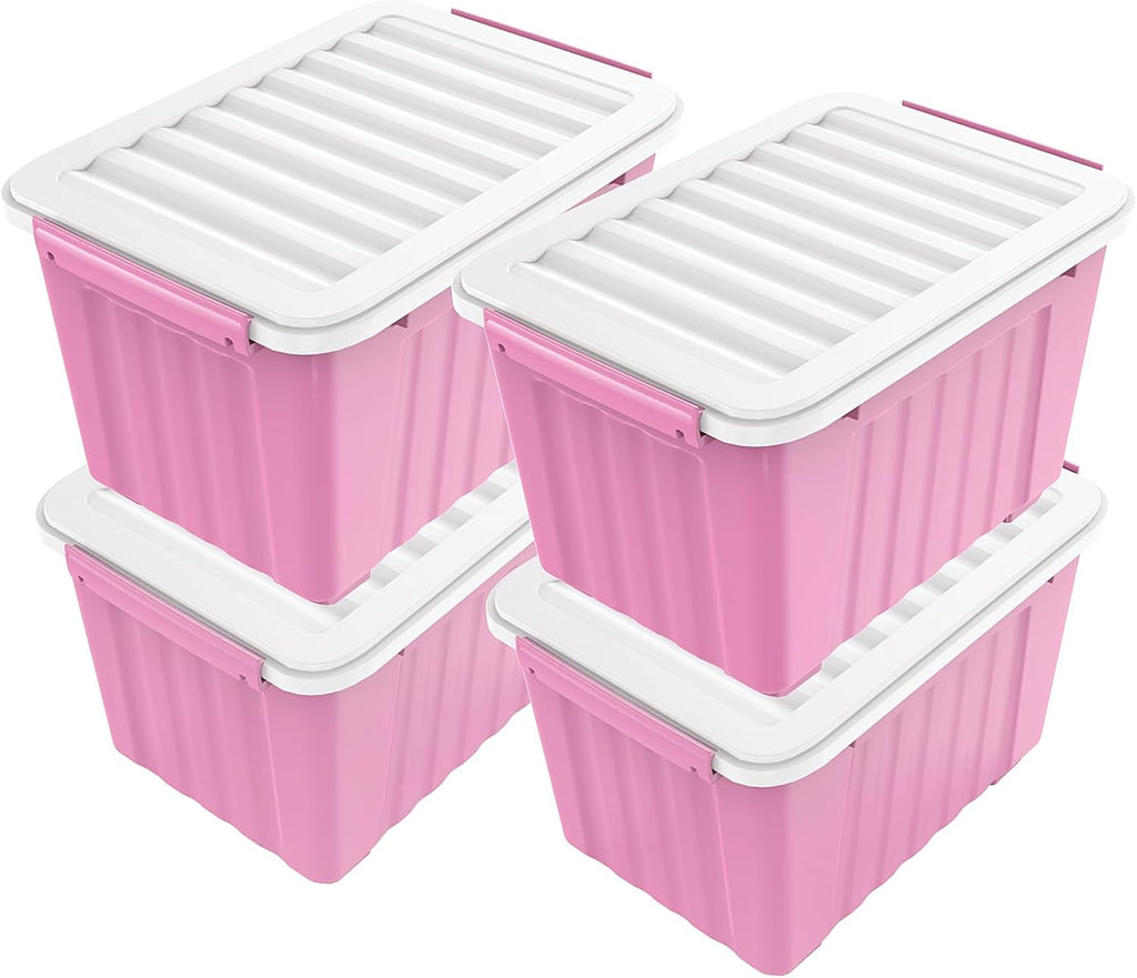 Nazhura Plastic Storage Bin, Stackable and Nestable Storage Boxes with White Lids and Secure Latching Buckles, Large Storage Container (Pink/White, 72Quart-4Pack)