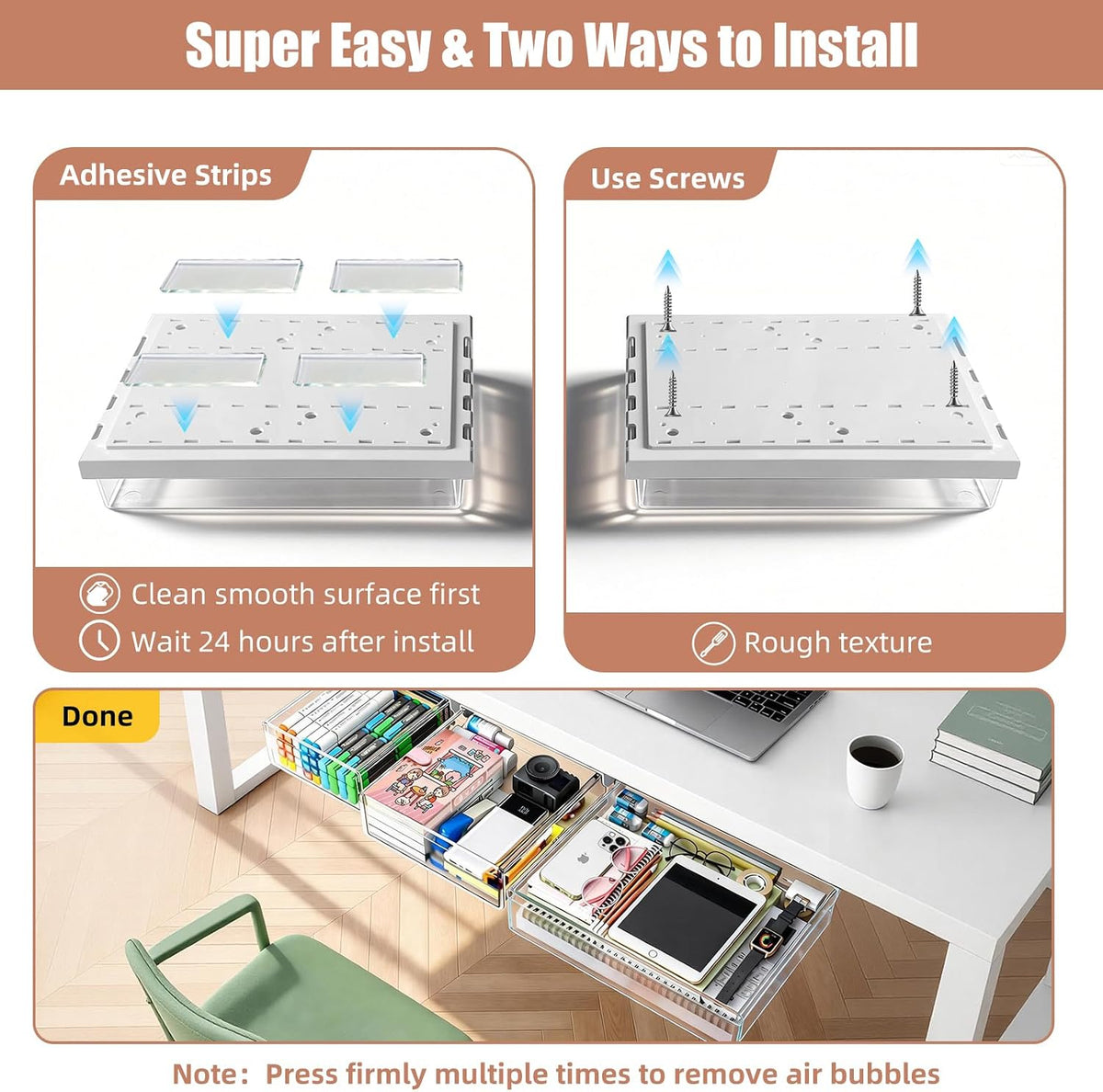 3 Pack Under Desk Drawer Slide Out Storage Organizer, Clear White 3 Sizes (S/M/L), Dual-Mount Hidden Table Tray for Tablets, Planners & Office Supplies