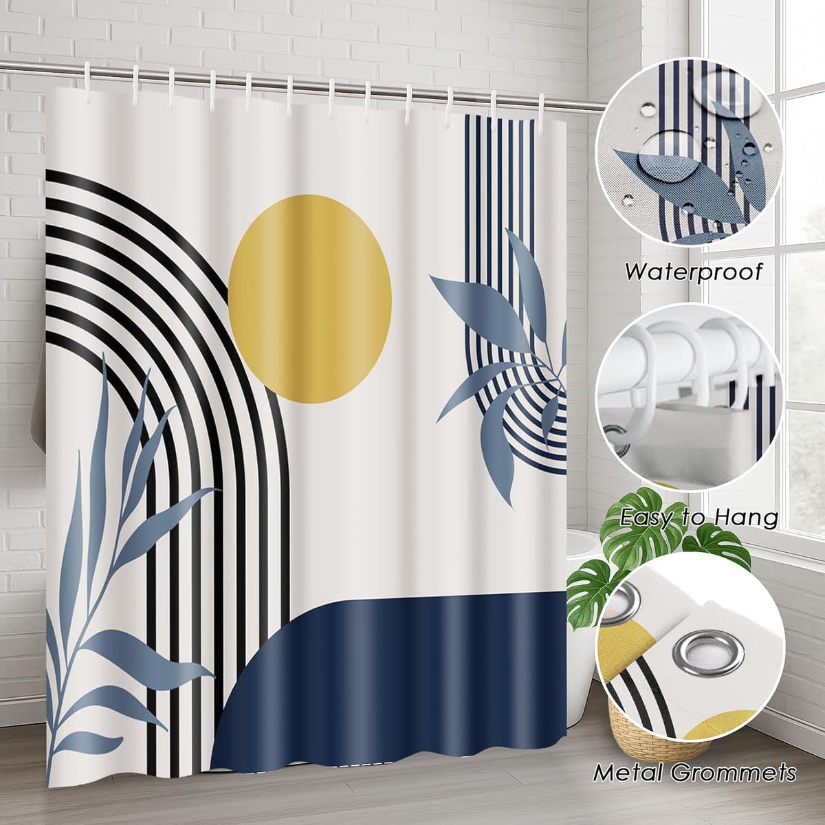 Bathroom Sets with Shower Curtain and Rugs, Boho Geometric Set of 4