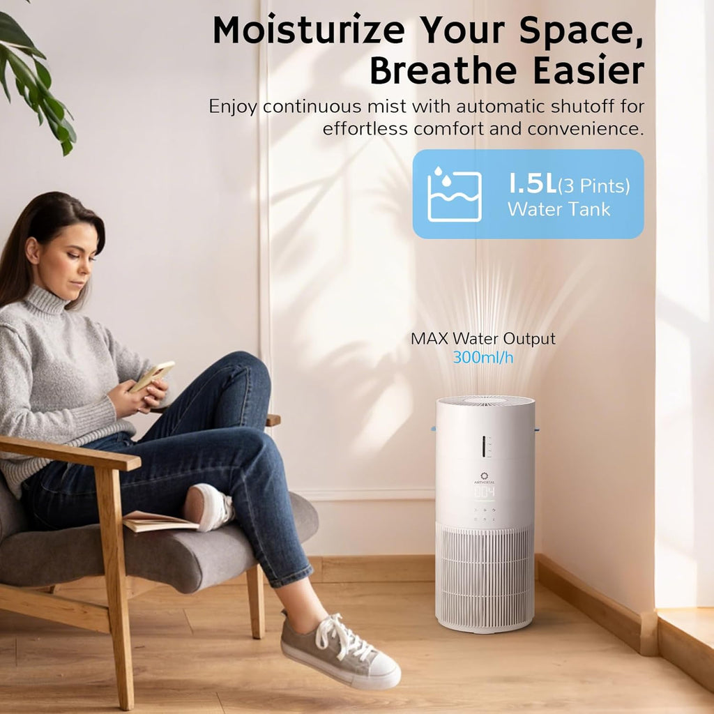 AIRTHEREAL 2-in-1 Air Purifier & Humidifier for Large Room Up to 1200 ft²