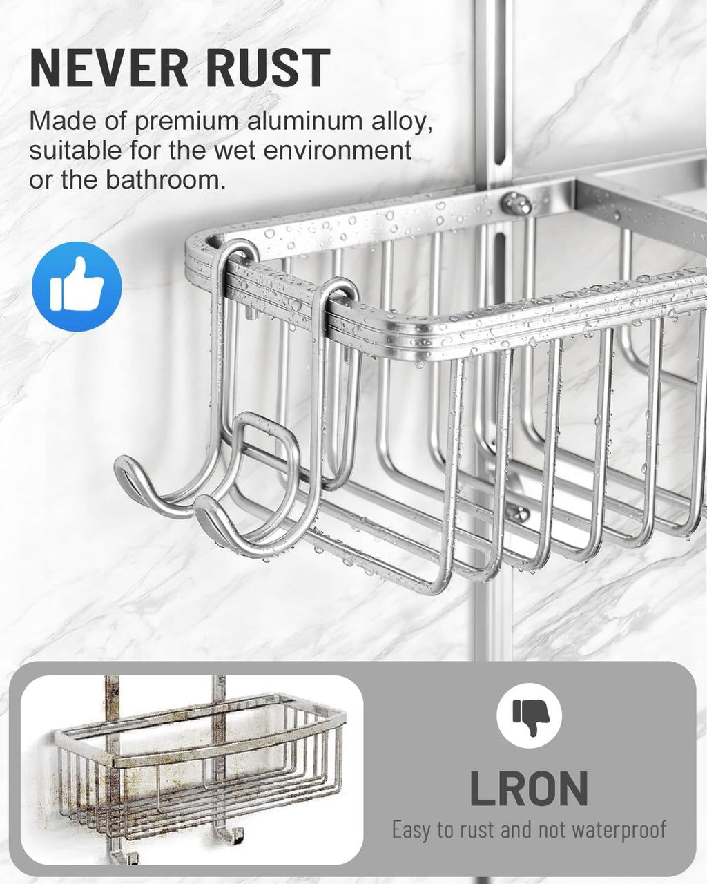 Adjustable Shower Caddy Hanging for Handheld Showerheads - Never Rust Shower Hanging Organizer, Upgraded Bathroom Shower Rack with Soap Basket, Hooks and Toothbrush Holder (Silver)