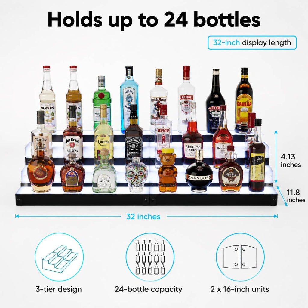 LED Liquor Bottle Display Shelf, 3-Tier 32 Inch Lighted Bar Shelf