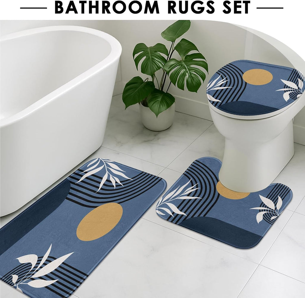 Bathroom Sets with Shower Curtain and Rugs, Set of 4, Boho Modern