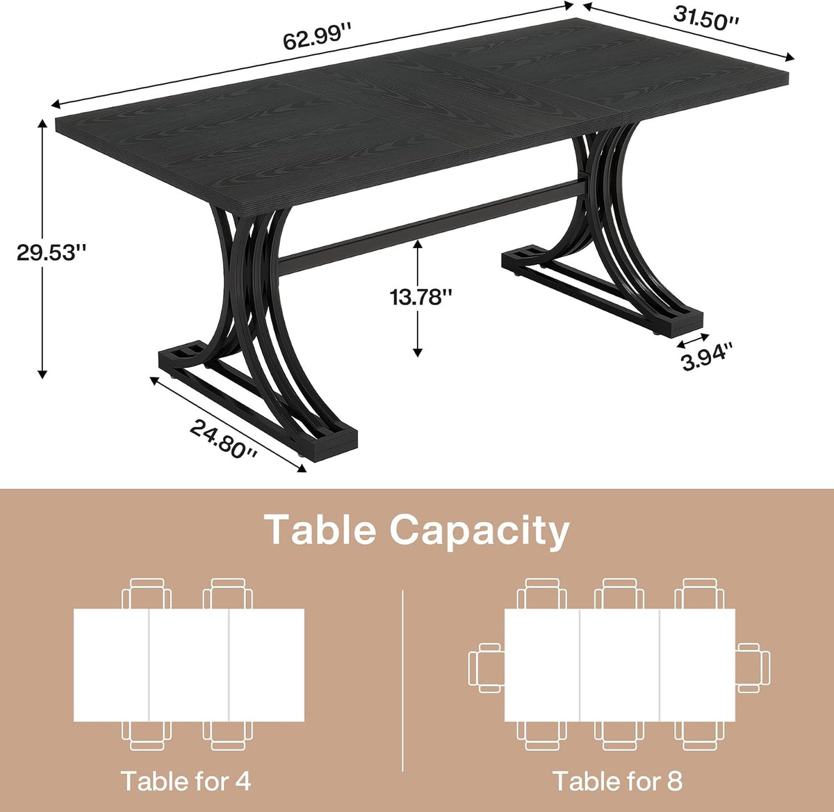 Tribesigns 63-Inch Rectangular Dining Table for 4 to 6, Modern Kitchen Tables with Stylish Metal Trestle Legs, Large Dinner Table for Dining Room, Only Table (Black)
