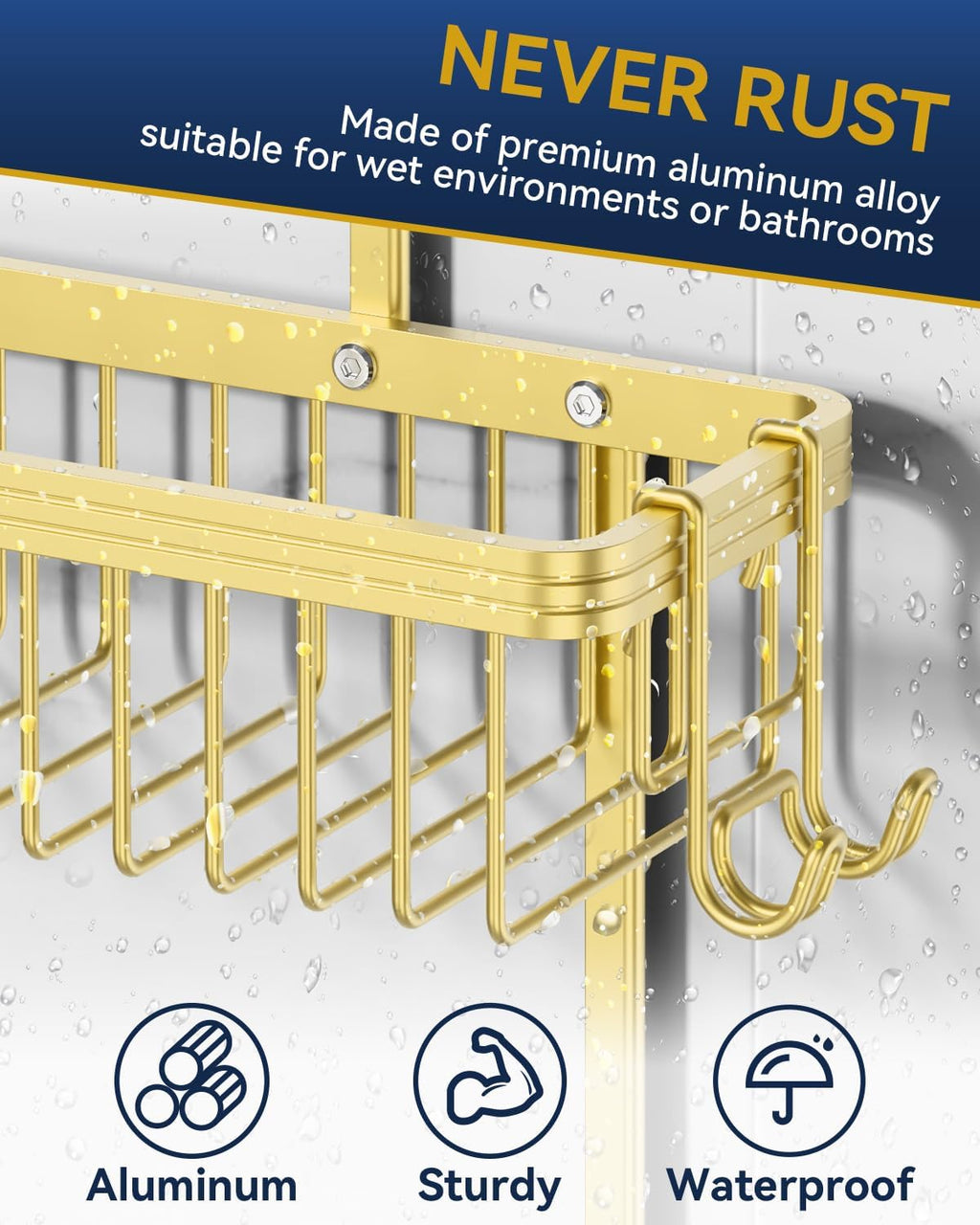 YASONIC Never Rust Shower Caddy Hanging, Aluminum Shower Racks for Inside Shower, 2-Tier Shower Organizer Hanging Over Shower Head with Hooks and Soap Holder, Gold