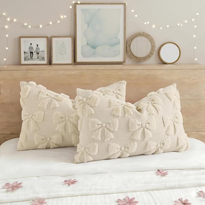 decorUhome Beige Bow Pillow Covers Set of 2 Coquette Aesthetic Cute Preppy - Image 5