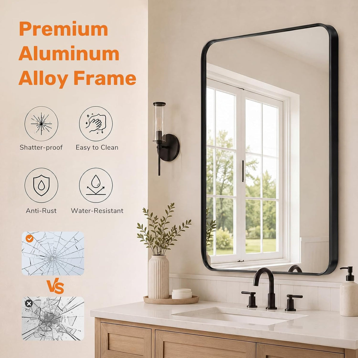 Bathroom Mirror for Wall, 30x22 Inch Rectangle Mirror, Matte Black Metal Framed Bathroom Vanity Mirror for Restroom Farmhouse, Anti-Rust, Tempered Glass, Horizontally or Vertically Hanging