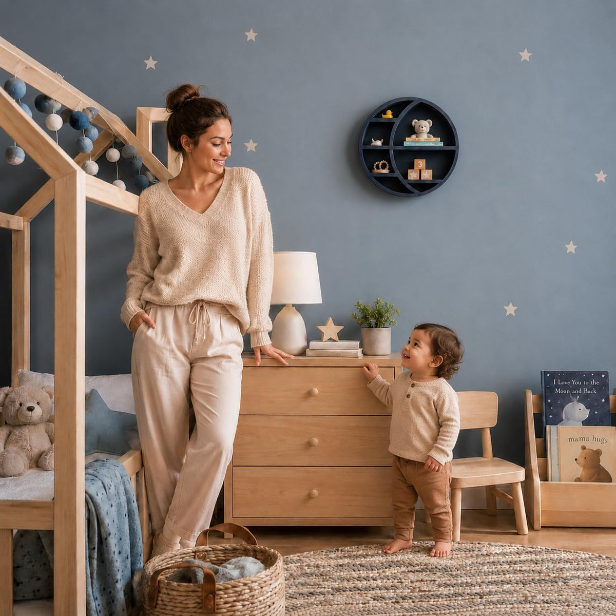 Wooden Crescent Moon Shelf Wall Decor — Aesthetic Floating Crystal Display Holder & Hanging Wall Organizer for Bedroom, Dorm & Spiritual Room Decor | 14"x14"x3.5" | (Navy Blue)