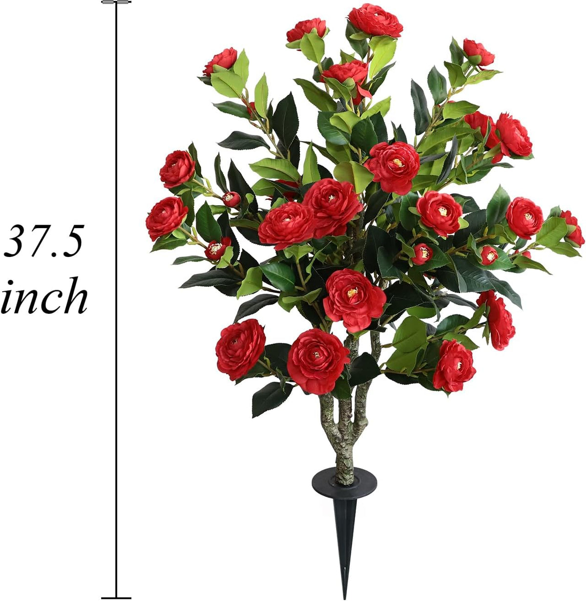 Artificial Camellia Tree, 2 Pack Soil Insertion w/Spike,Flower Plants, Faux Floral Plant Blooming Tree in Cement Pot, Greenery Potted Plant for Indoor Outdoor Office Home Porch Decor (Red)