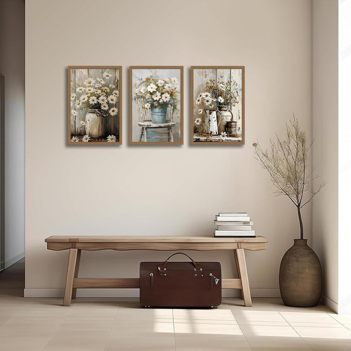 3ps Framed Rustic Farmhouse Wall Art Vintage Daisy Floral Canvas 12x16in