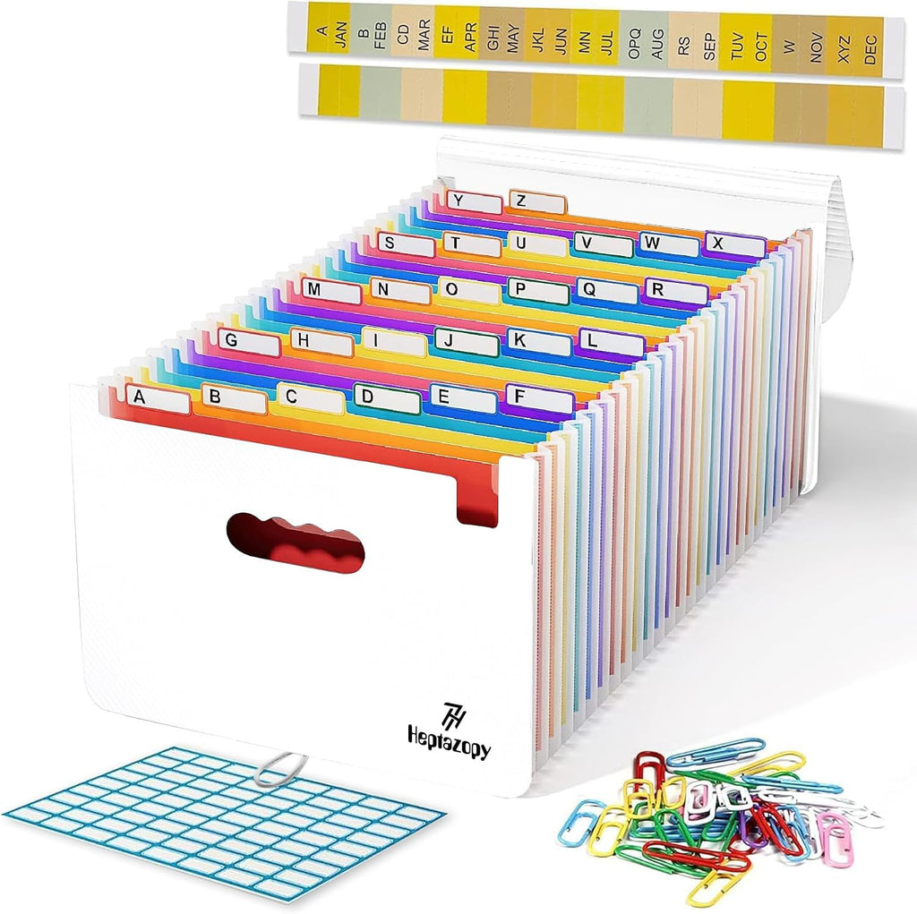 Plastic Accordion File Organizer, 26 Pockets Expandable File Folder Organizer, A4 Letter Size Filing Organizer with Colorful Tabs, Elastic Cord, 60 Paper Clip, Label & Stickers for Office School Home