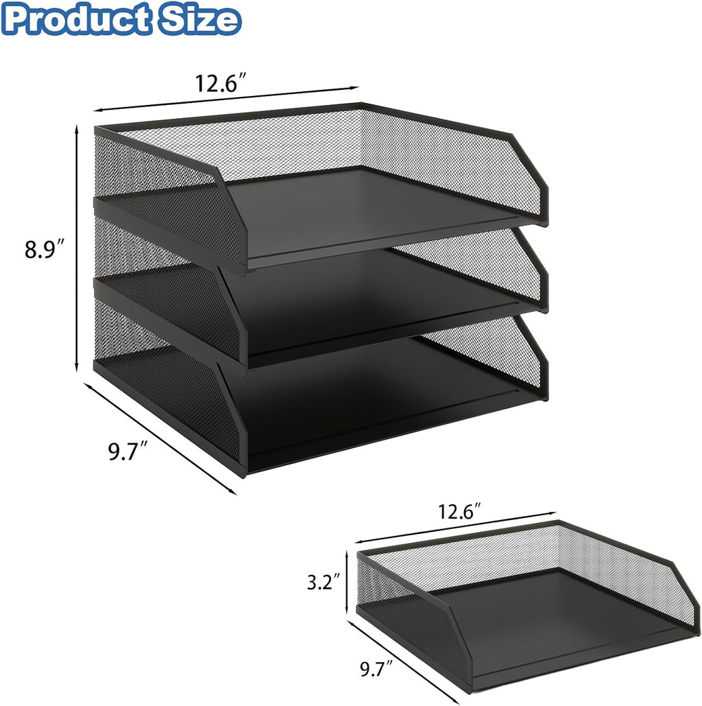 3-Tier Stackable Metal Mesh Paper Organizer with Sliding Tray,Black