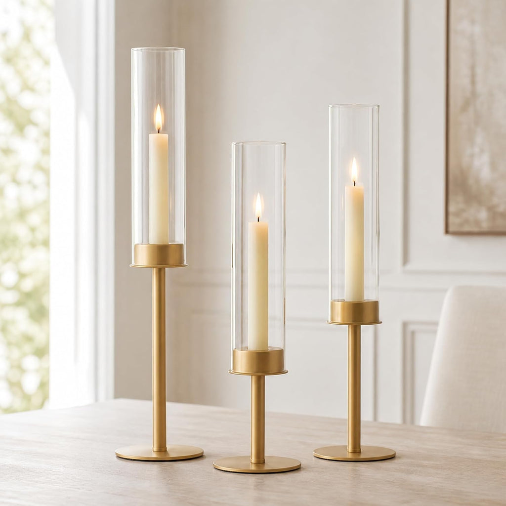Hewory Gold Candlestick Holders: 3PCS Glass Hurricane with Brass Base
