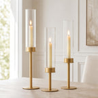 Hewory Gold Candlestick Holders: 3PCS Glass Hurricane with Brass Base
