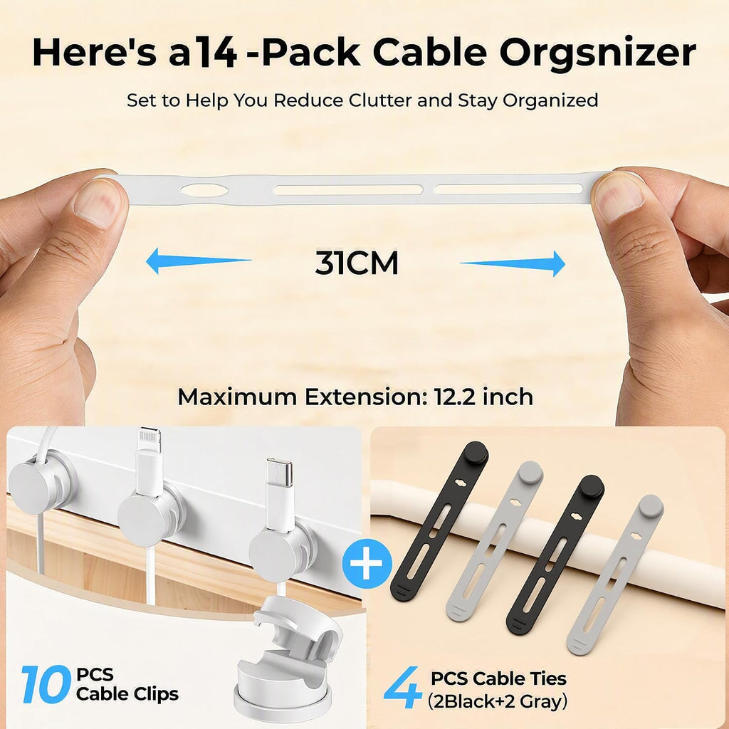 14 Pack Rotatable Cable Clips & Silicone Cable Straps Set