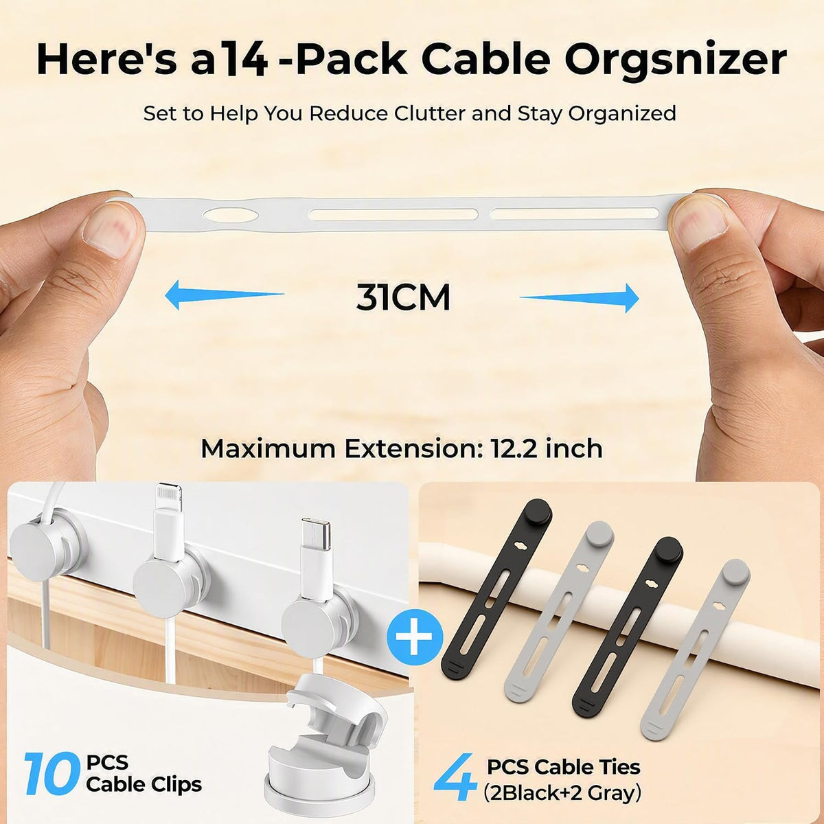 14 Pack Rotatable Cable Clips & Silicone Cable Straps Set