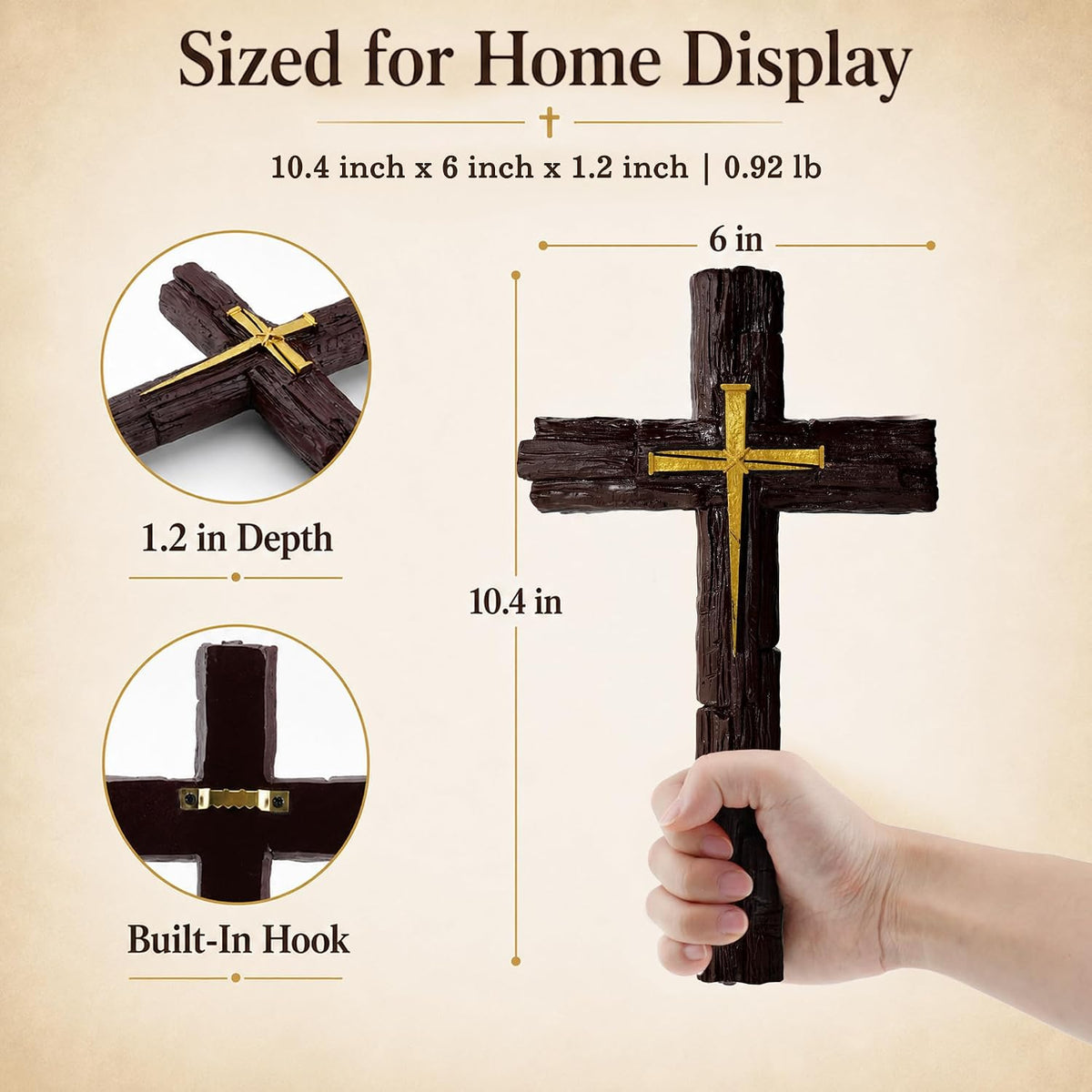 Rustic Christian Wall Cross, Resin Wall Decor with Woodgrain Finish, 10.4"