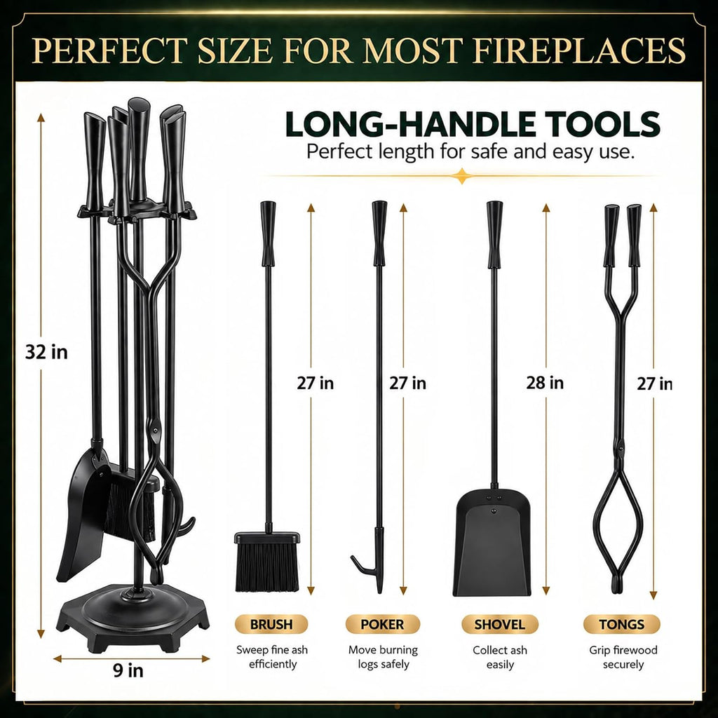 FEED GARDEN 5-Piece Fireplace Tools Set, 10mm Solid Wrought Iron, 10 lb