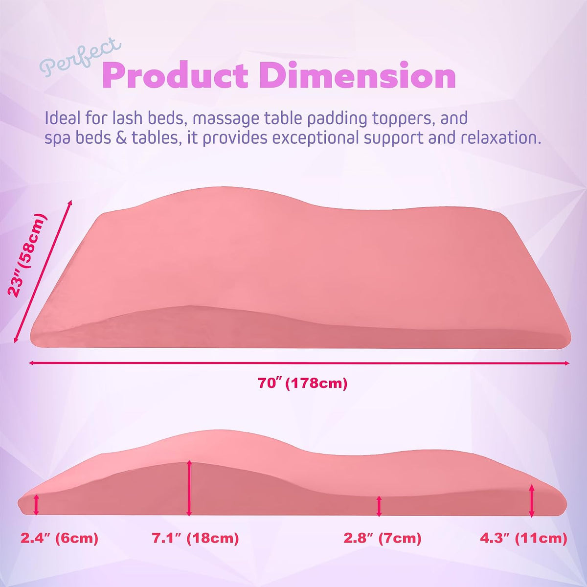 Lash Bed Topper, 23x70 in, Memory Foam Massage Table Topper, Pink
