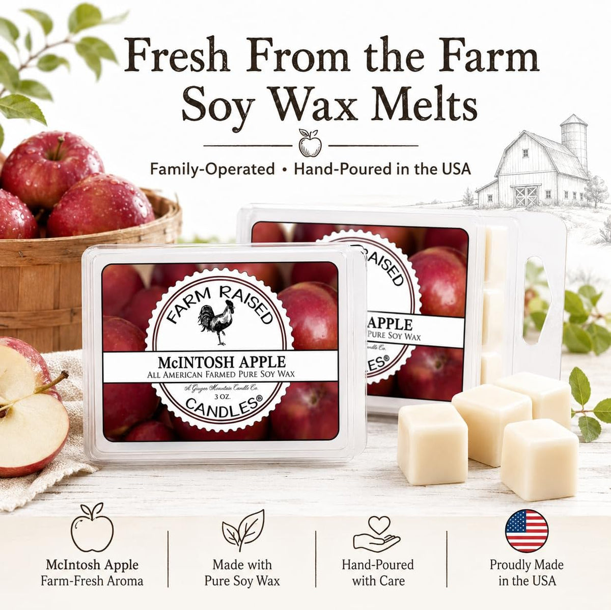 USA Made - Hand Crafted - McIntosh Apple Wax Melts Warmer Cubes 6 Ounces 2 Pack - - Natural American Farmed Soy Wax. melt Cubes Farmhouse Fall