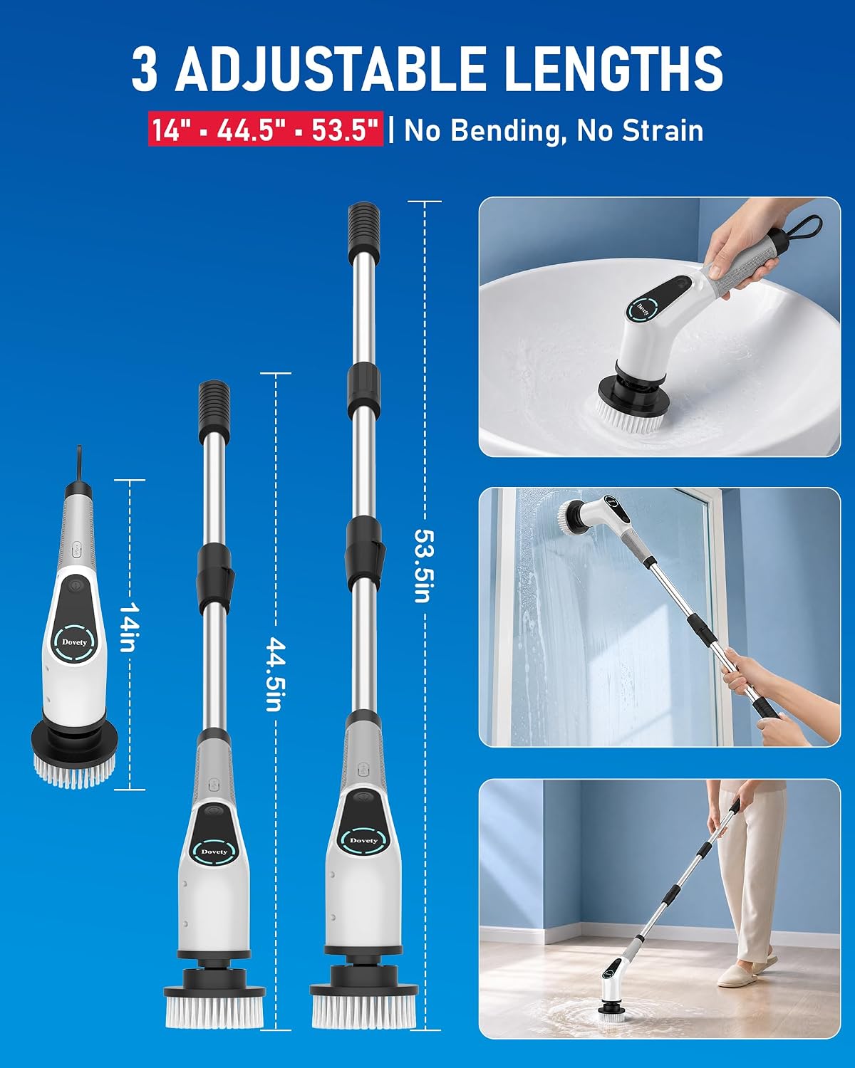 Dovety Electric Spin Scrubber, Extendable Handle, 8 Brush Heads-WH