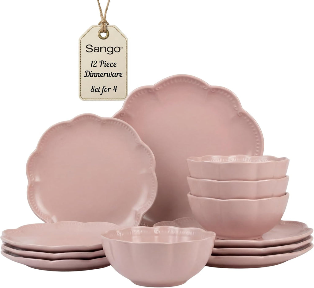 Sango 12 Pieces Scalloped Dinnerware Set, Modern Pink Dishes for 4, Premium Serving Plates & Bowls Sets, Chip Resistant, Blush Ceramic Dishware, Kitchen Dish, Microwave & Dishwasher Safe, Bethany