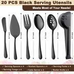 BEWOS Black 20-Piece Serving Set, Black Slotted Spoons & Tongs, Forks, Cake Server & Butter Knife, Stainless Steel, Dishwasher Safe